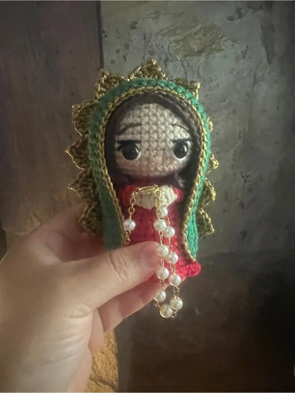 Handmade Crocheted Virgin Mary Doll with Green and Gold Hood